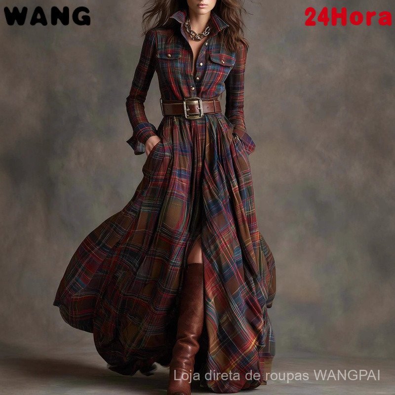 Vestido Longo Irregular Xadrez Retrô Feminino