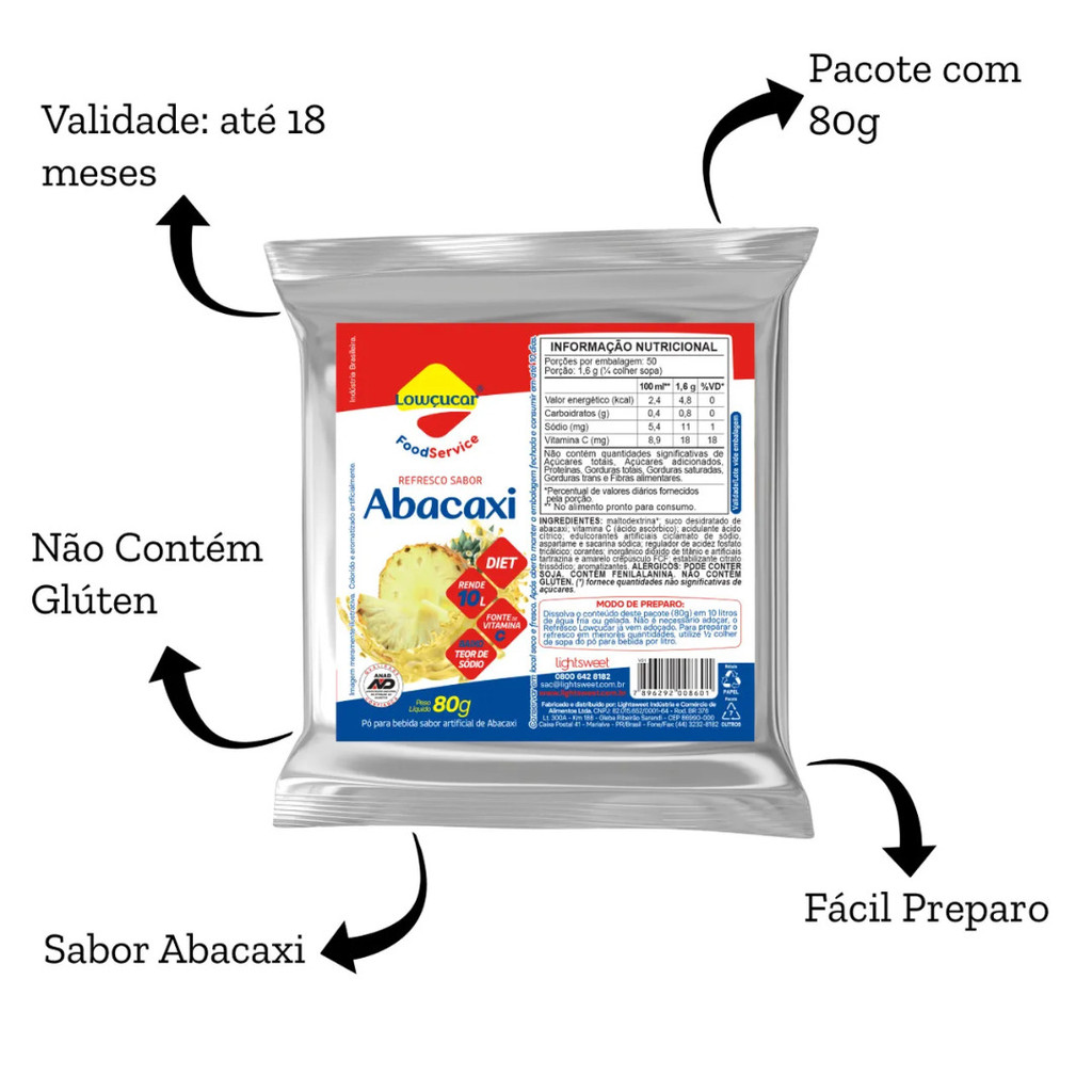 Kit com 5 Suco Abacaxi 80g Zero Açúcar Rende 10 Litros - Lightsweet — imagem 2 de 2