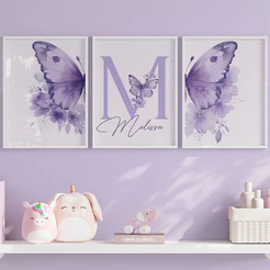 Quadro Decorativo 3 Peças Nome Personalizado Asa de Borboleta Lilás Azul Rosa Floral Para Quarto Infantil Bebê Menina