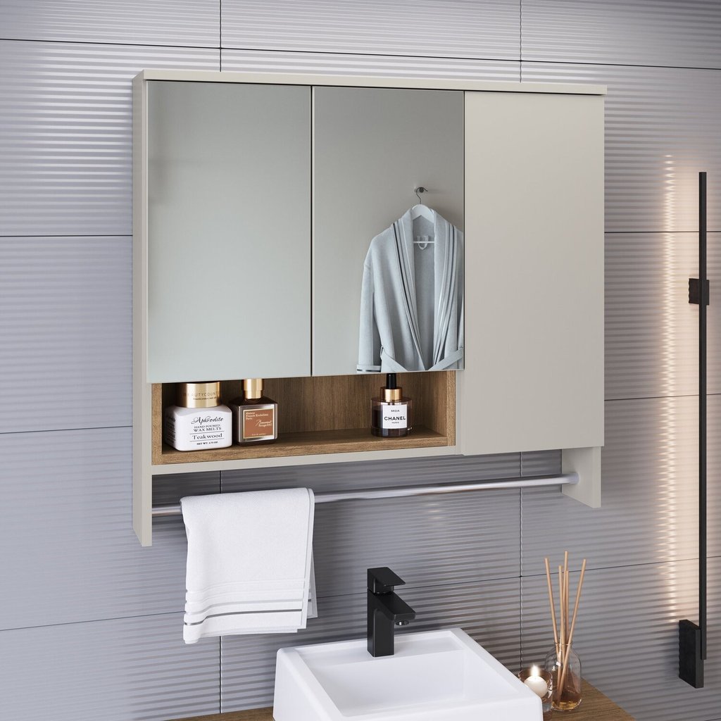 Armário Espelheira para Banheiro Olívia com 3 Portas, Um Nicho e Toalheiro Mel/Arenas em Oferta na Shopee