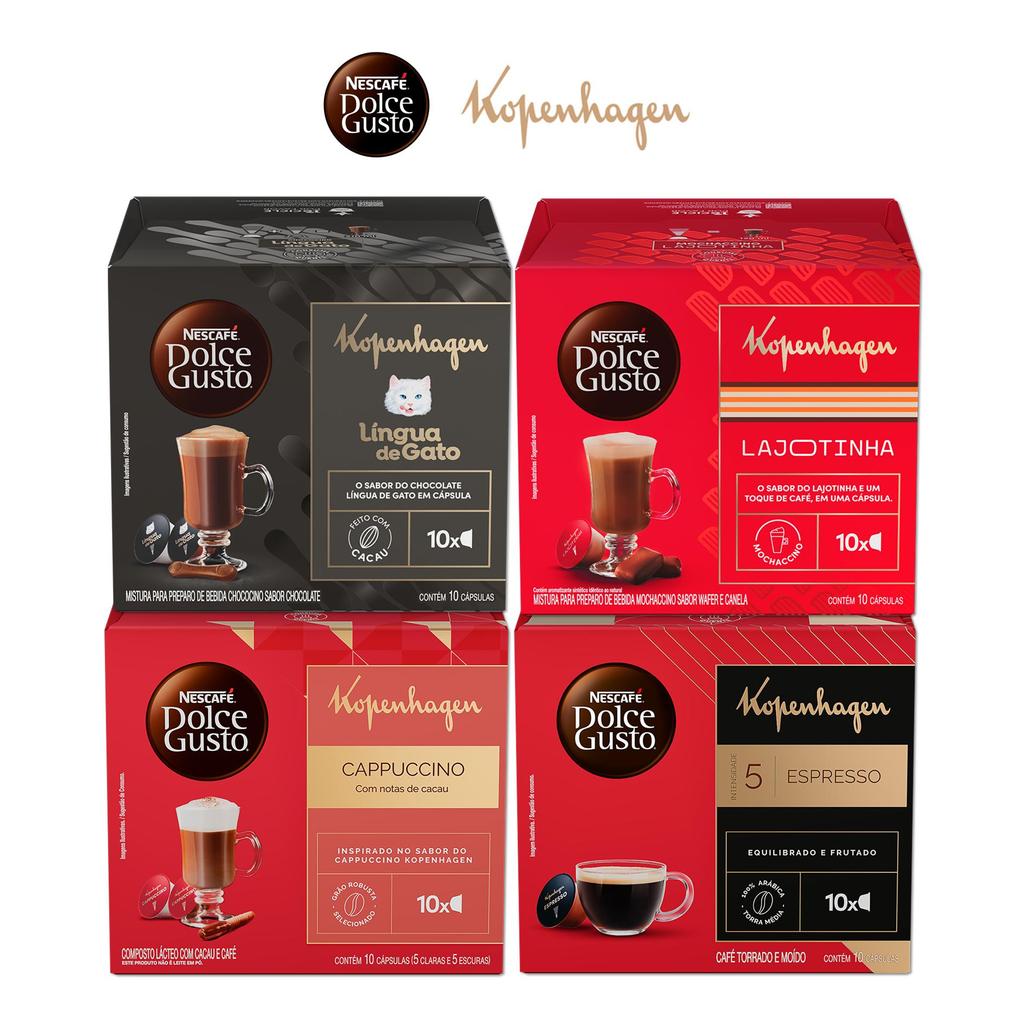 Kit Dolce Gusto + KOPENHAGEN - 40 cápsulas - Língua de Gato, Lajotinha, Cappuccino e Espresso em Oferta na Shopee
