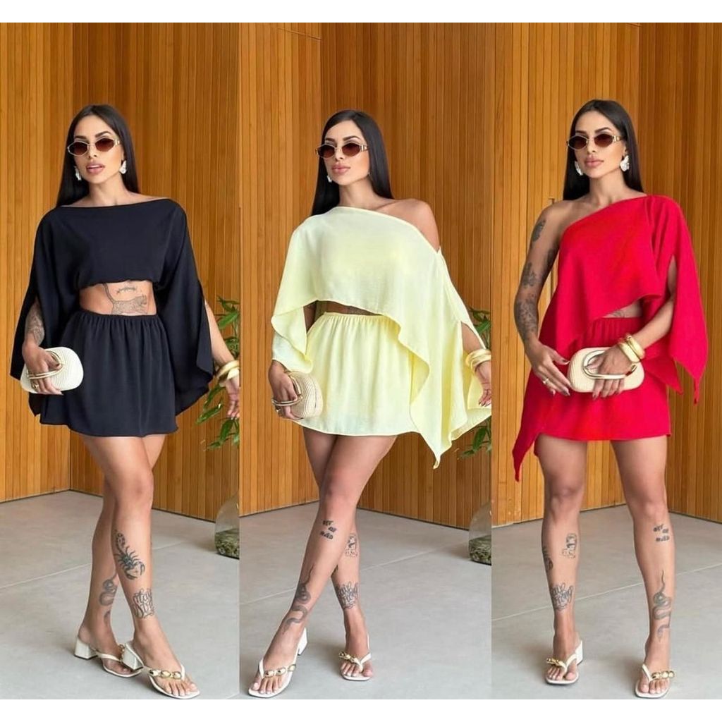 Conjunto Capa com 3 peças com Short Saia, Cropped e Blusa Capa no Tecido Duna moda 2026