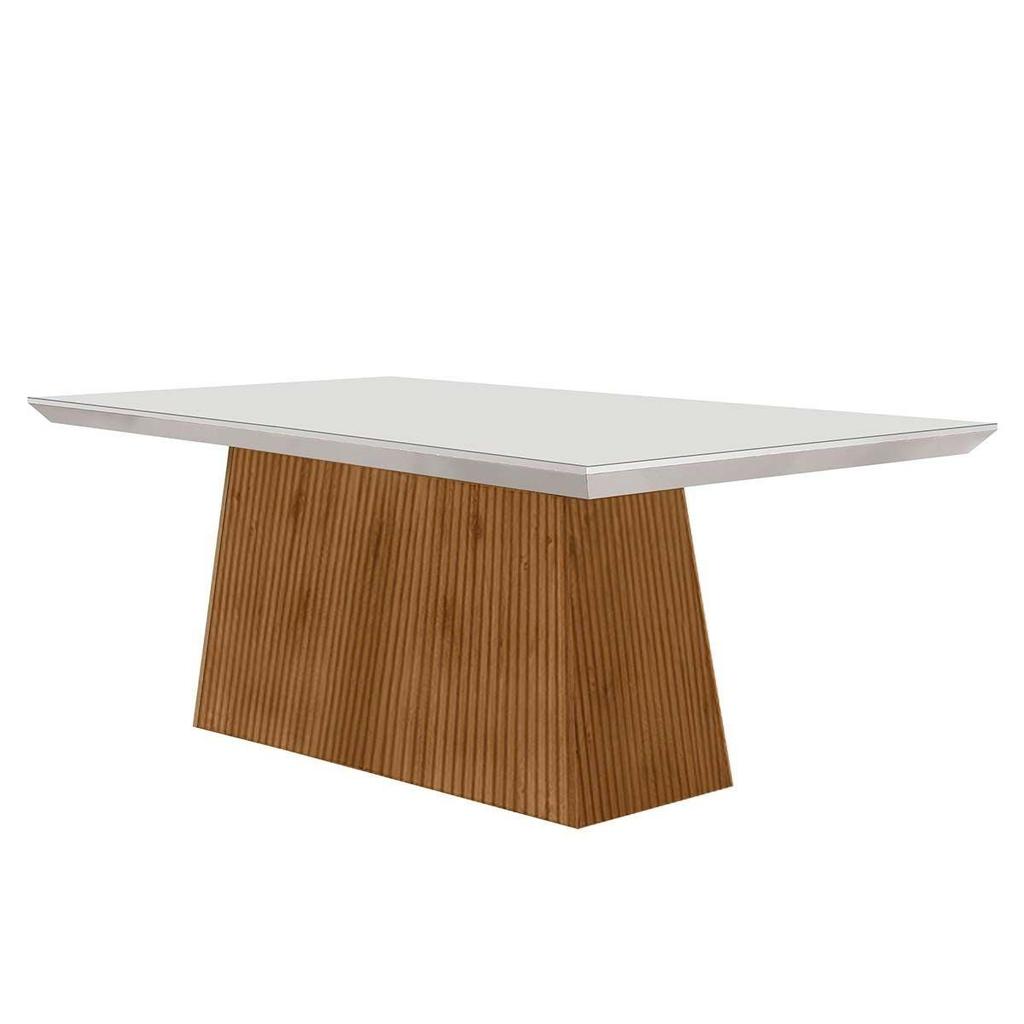 Mesa de Sala Jantar Luna c/Tampo Madeirado Vidro Curvo 180x90cm Off White/Imbuia Ripado 3D - Vidro Off White - Rufato em Oferta na Shopee