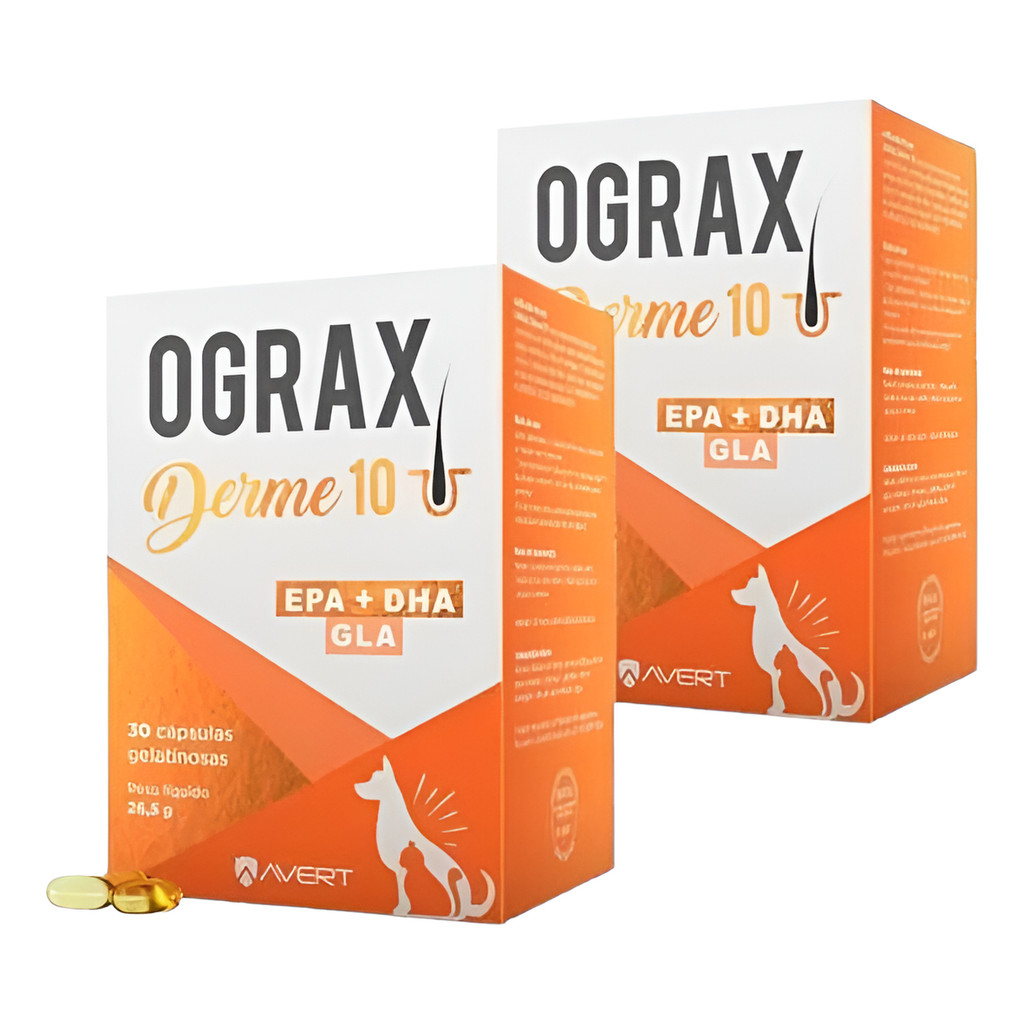 Kit 2 Ograx Derme 10 Suplemento Alimentar Cães Cão E Gatos Avert 60 Capsulas