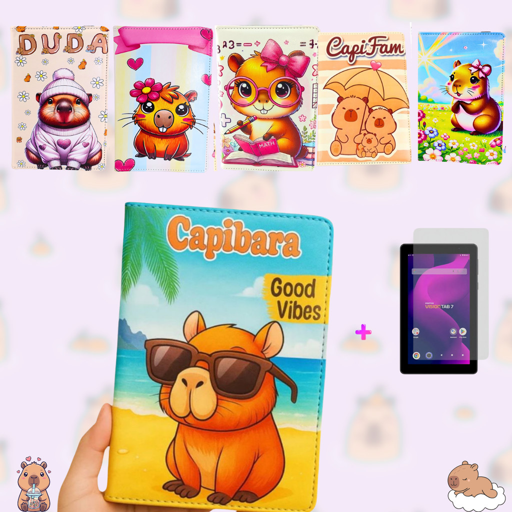 Capa pasta Capibara + pelicula hidrogel compatível Positivo  Vision Tab 7 - 7 polegadas