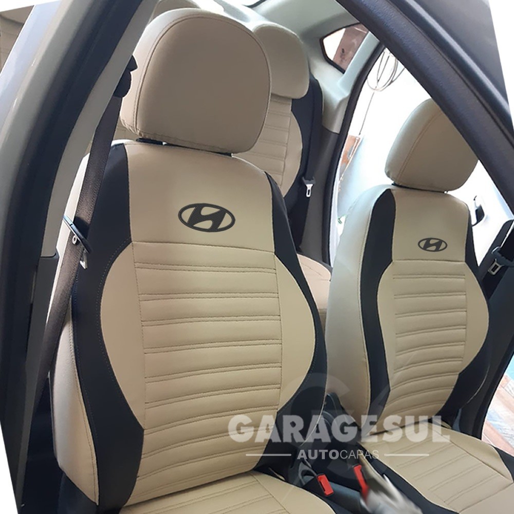 Capa Banco Carro Hyundai Hb20 I30 Ix35 Santa Fe Sob Medida Em Couro Creme e Preto