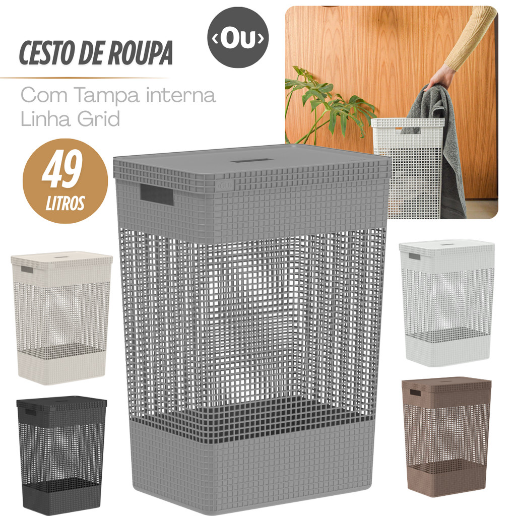 Cesto de Roupa Suja Grande Tampa Grid 49L Com Tampa Cesto de Lavanderia Organizador