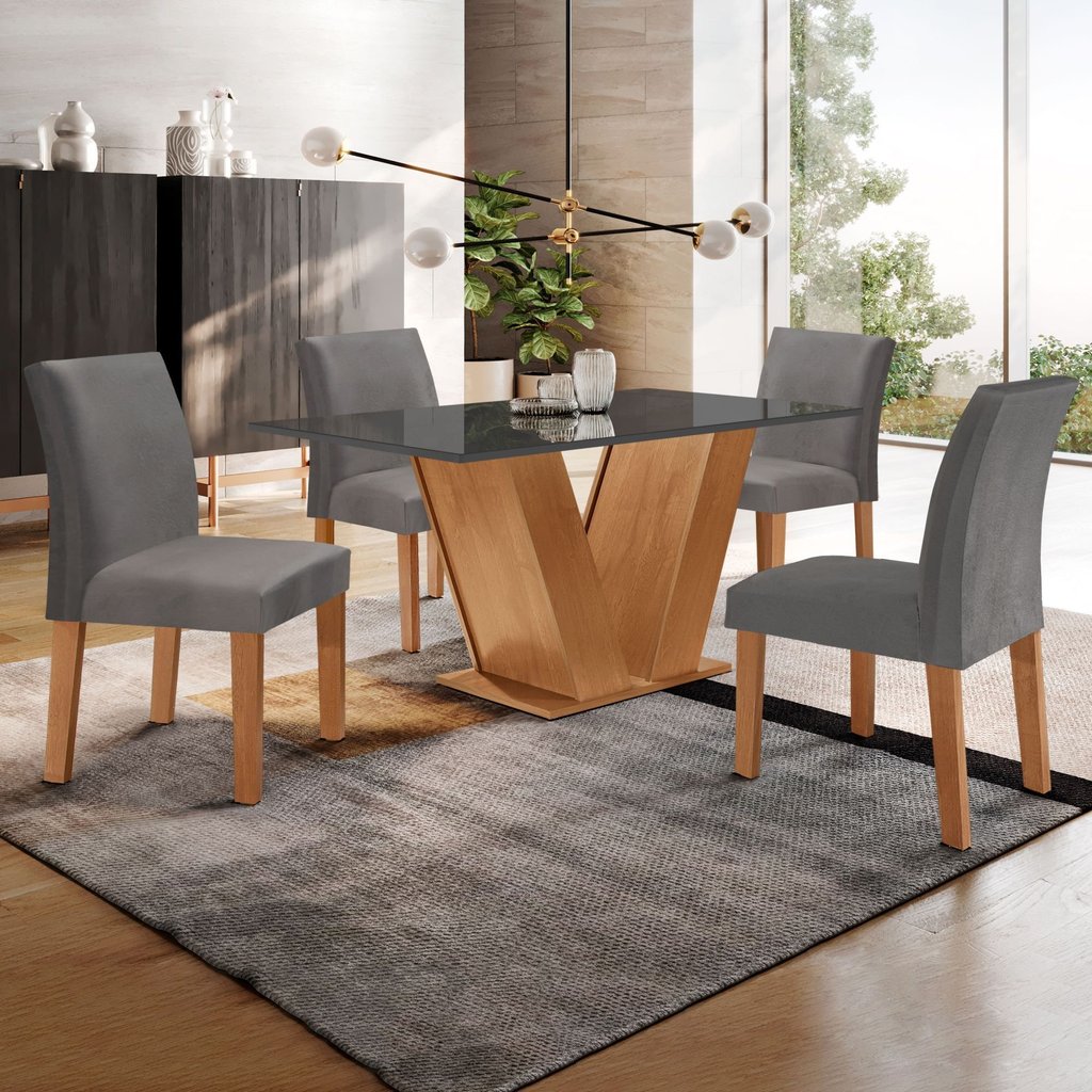 Conjunto Sala de Jantar Mesa Tampo Mdf/vidro e 4 Cadeiras Espanha Yescasa Cinamomo/Grafite em Oferta na Shopee