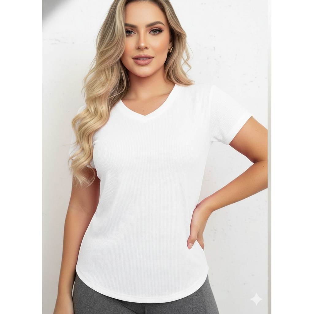 blusa feminina gola V academia ginastica exercício manga curta bem