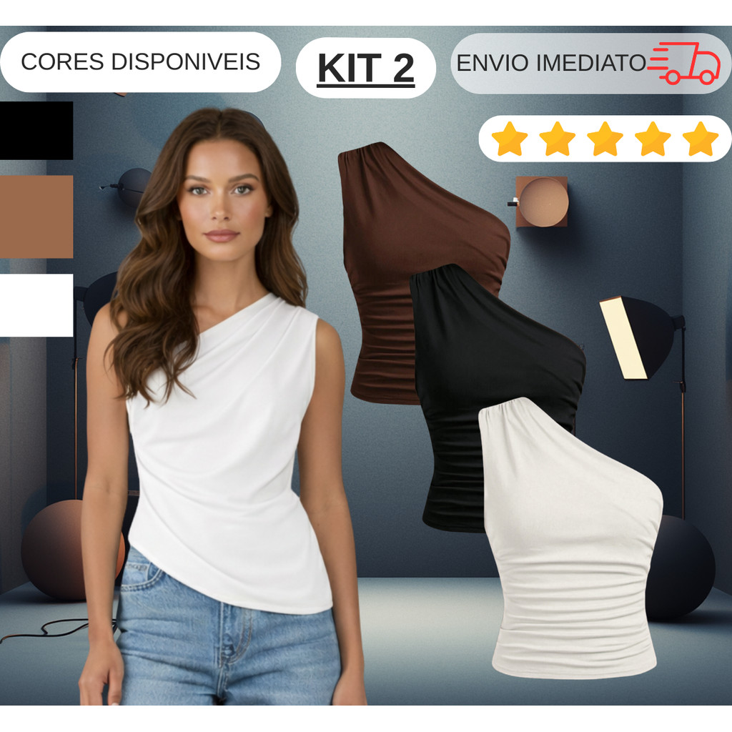 KIT 2 Mula Manca Blusa Feminina Ombro Único Casual Com Elegante Franzidos Assimétrica em Oferta na Shopee