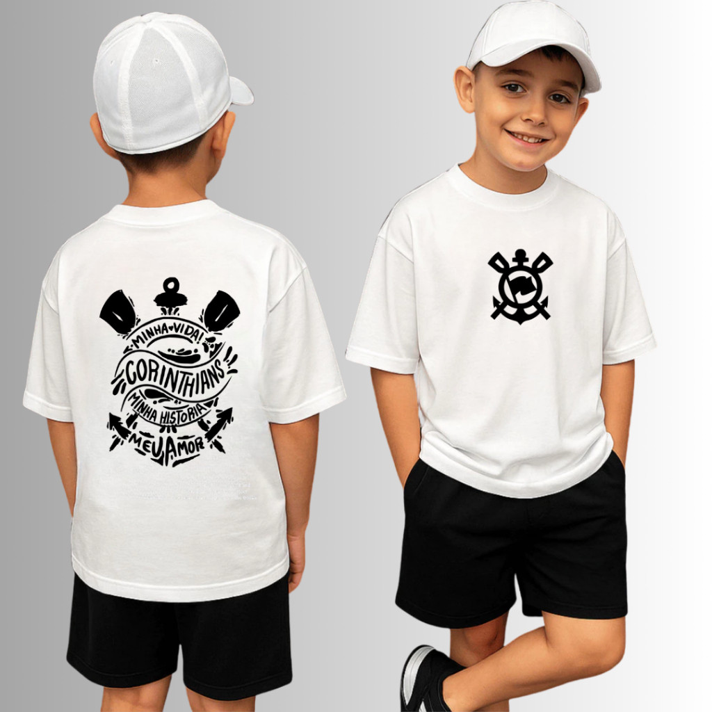 Conjunto Infantil Camiseta e Short Moletom Com Bolso Times de Futebol Timão 100% Algodão Premium