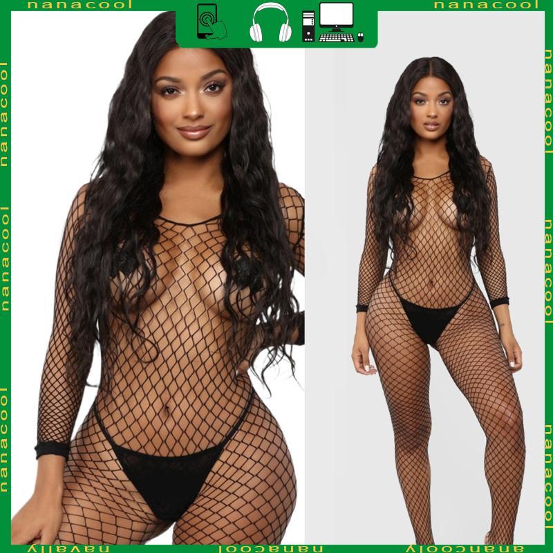 nana Lingerie Feminina Bodystocking Malha Corpo Inteiro Arrastão Macacão Comprida