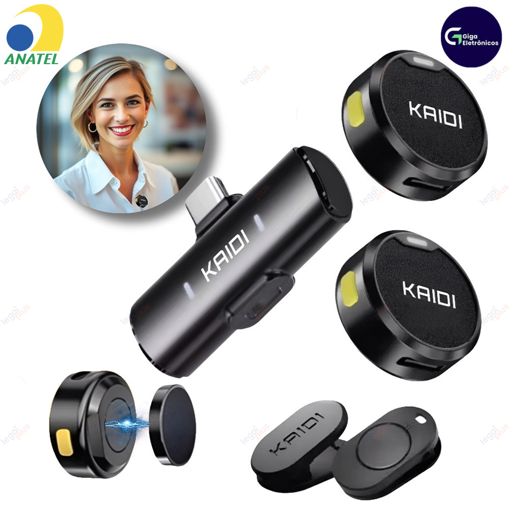 Microfone Lapela Sem Fio Kaidi em Par: Supressão de Ruído, Base Magnética e Compatibilidade USB-C/iPhone