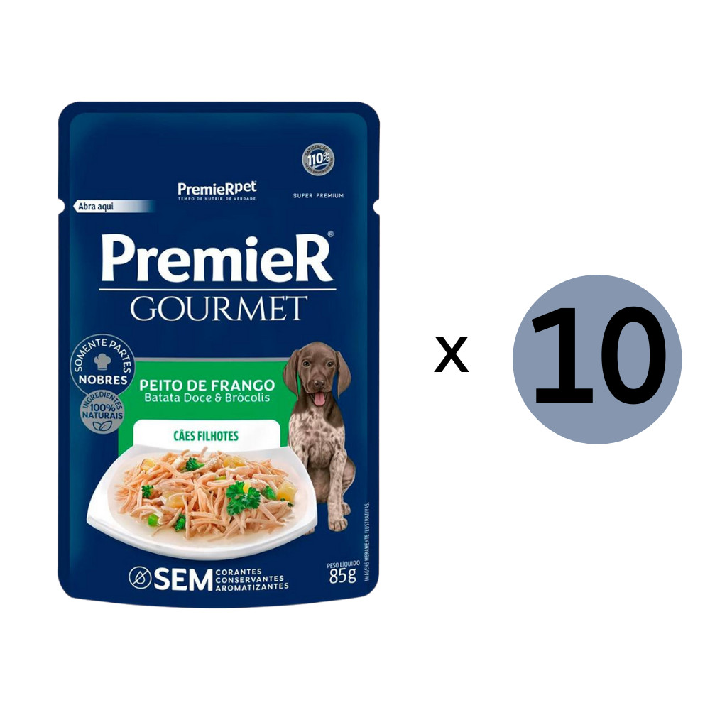 Kit 10 Ração Premeir Cães Sachê Gourmet Filhote Frango 85Gr