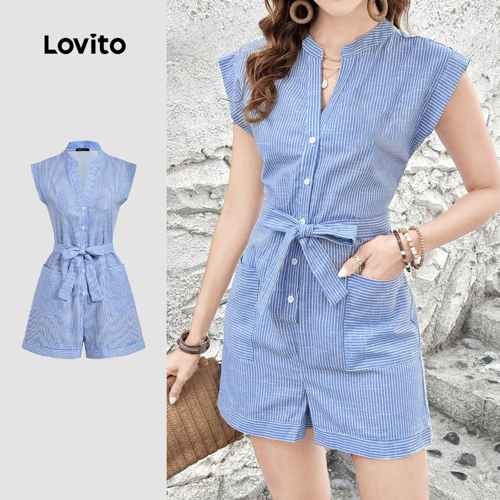 Lovito Macacão Casual Estampado Com Cadarço E Bolso Com Laço Azul Ideal Para Primavera/verão L243AD658 em Oferta na Shopee