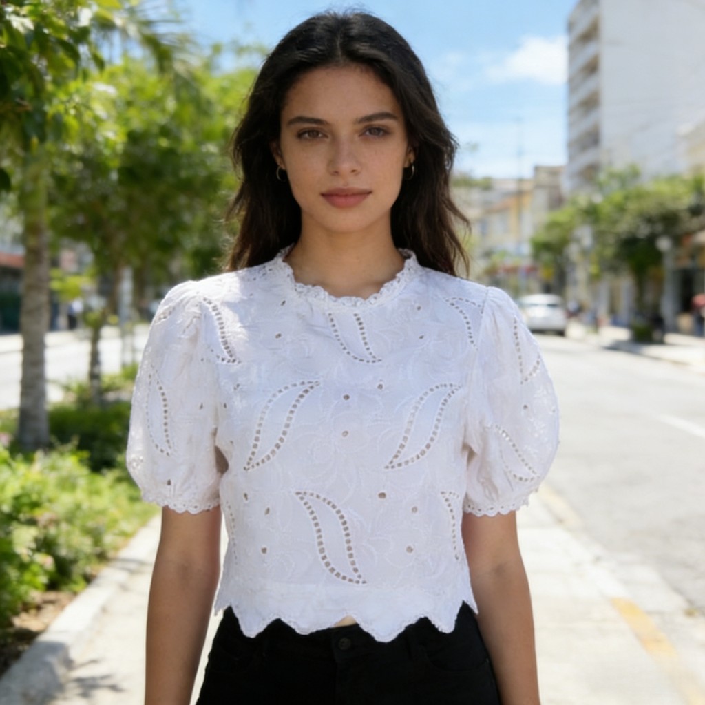 Blusa Feminina de Renda com Manga Curta Bufante e Borda Ondulada 815 em Oferta na Shopee