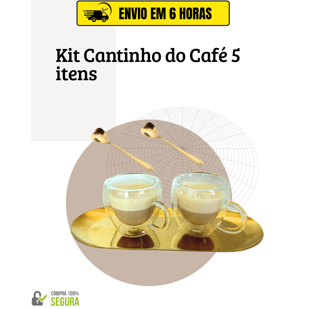 Kit Cantinho do Café 5 Peças Decoração bandeja colher coração dourada xicara parede dupla em Oferta na Shopee