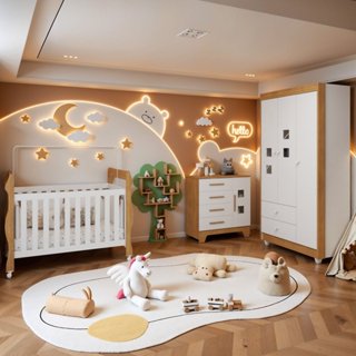 Quarto de Bebê Completo com Cômoda, Berço e Guarda Roupas Mila Branco/Amadeirado em Oferta na Shopee