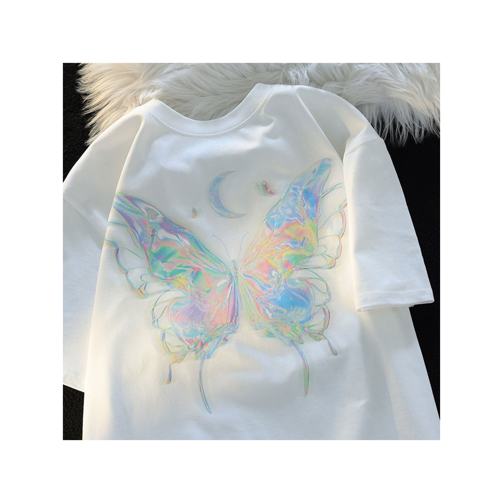 [Camiseta Premium em Algodão Puro]SISI Camiseta Unissex Iridescent Butterfly streetwear camiseta oversized