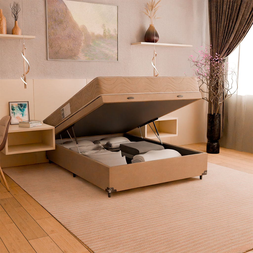Baú Viúva + Colchão D33 One Face - Suede Bege - e-Shop Casa em Oferta na Shopee