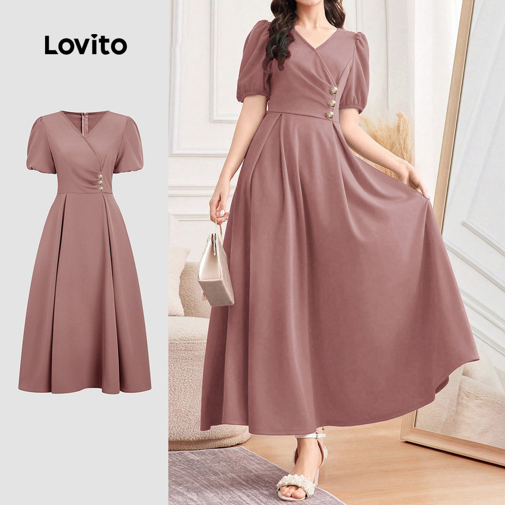 Lovito Vestido Elegante Vestido Feminino Primavera/verão Marrom com Fivela Metálica Plissada L164ED052 em Oferta na Shopee