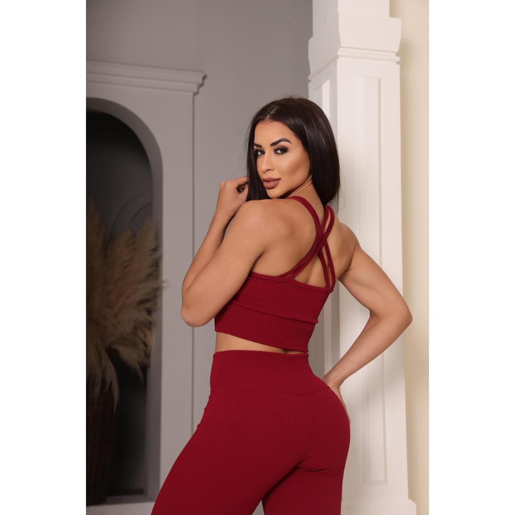 Conjunto Fitness Feminino Academia Canelado Top com Bojo Removível + Legging Alta Compressão Zero Transparência
