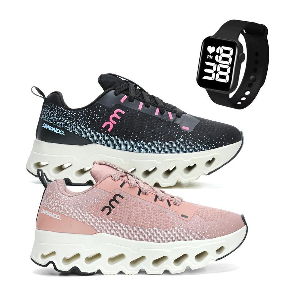 Kit 2 Pares Tenis Esportivo Feminino Caminhada Academia Corrida Alta Performance + Relogio Smart
