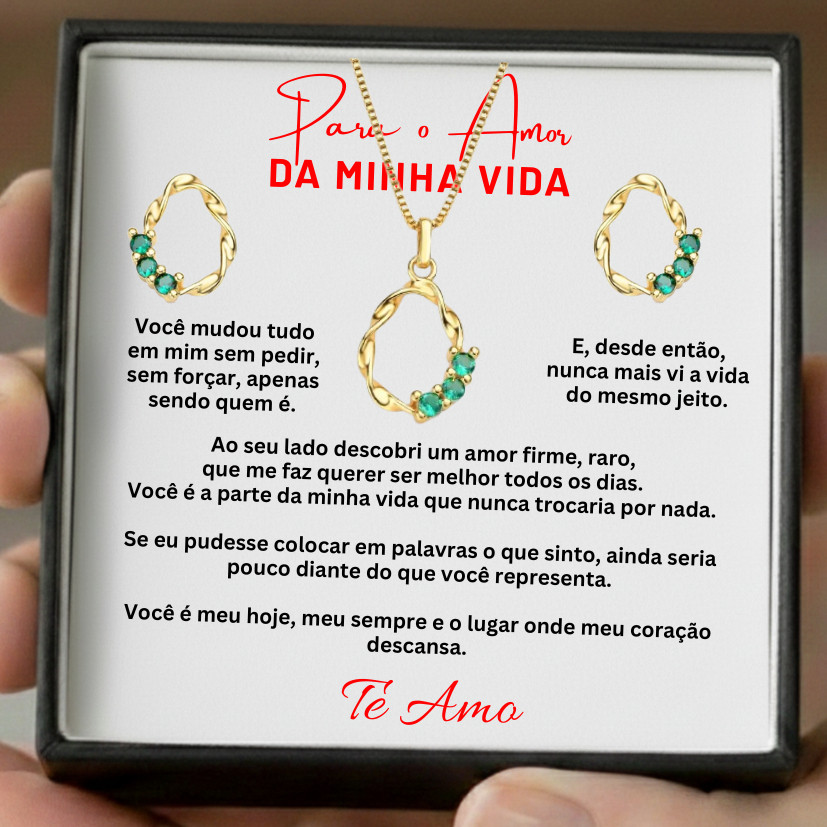 Presente para Esposa, Namorada e Noiva - Joia banhada a Ouro 18K, Colar + Brinco + Embalagem + Mensagem