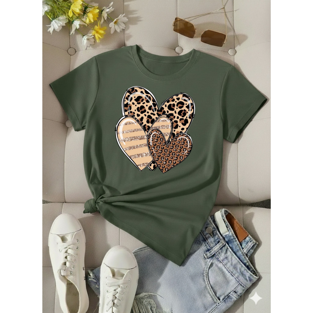 Camiseta T-shirt Love Coração Animal Print Feminina 100% Algodão Moda Lançamento Tendência Lançamento Modinha