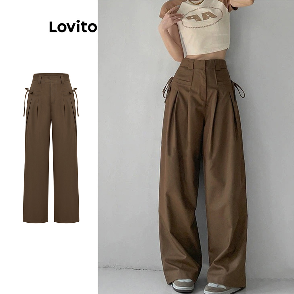 Lovito Calça Casual Com Gravata Lisa E Cordão Frontal Drapeada Para Mulheres L102AD026 em Oferta na Shopee