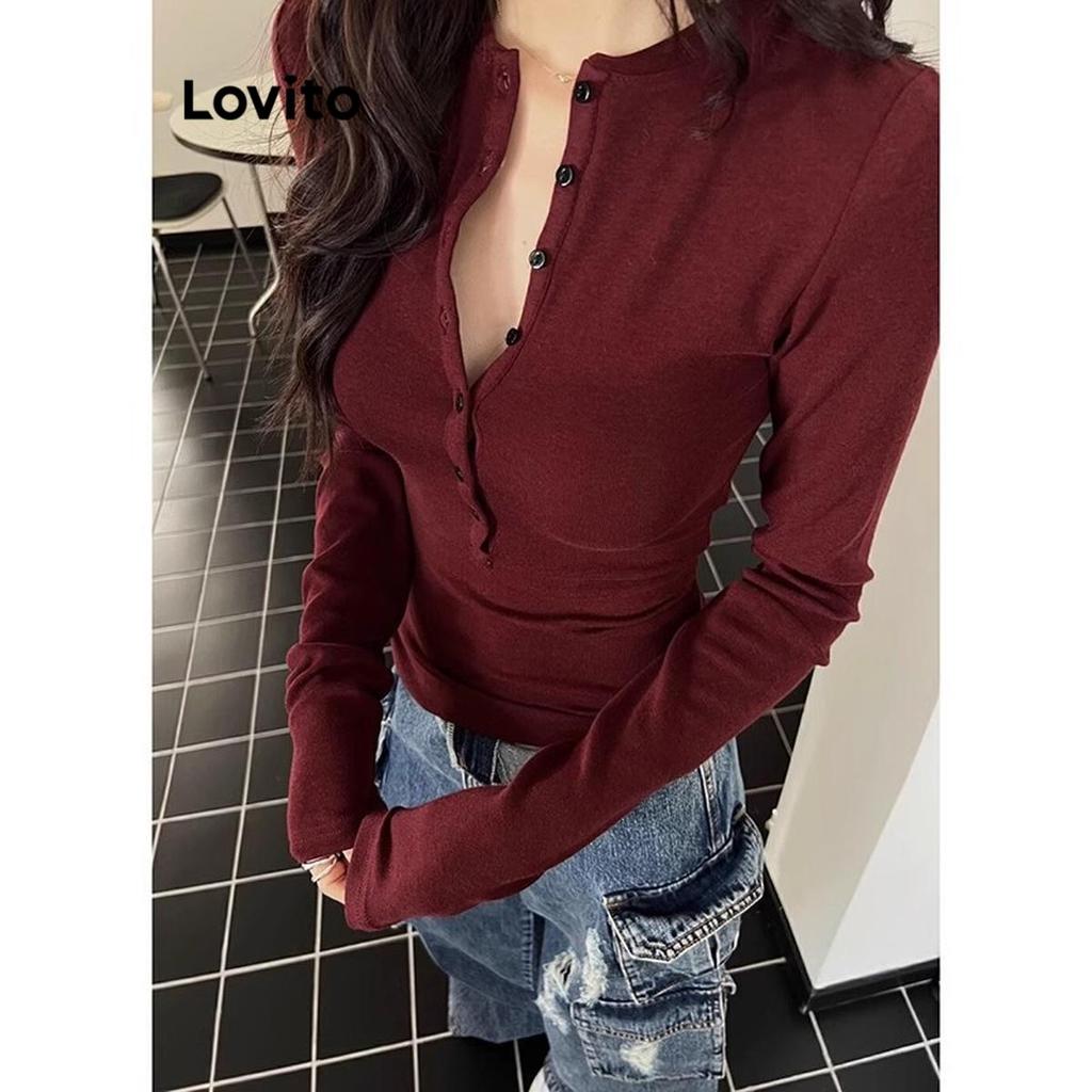 Lovito Camiseta Casual Lisa Com Botões Para Mulheres LNA71314 em Oferta na Shopee