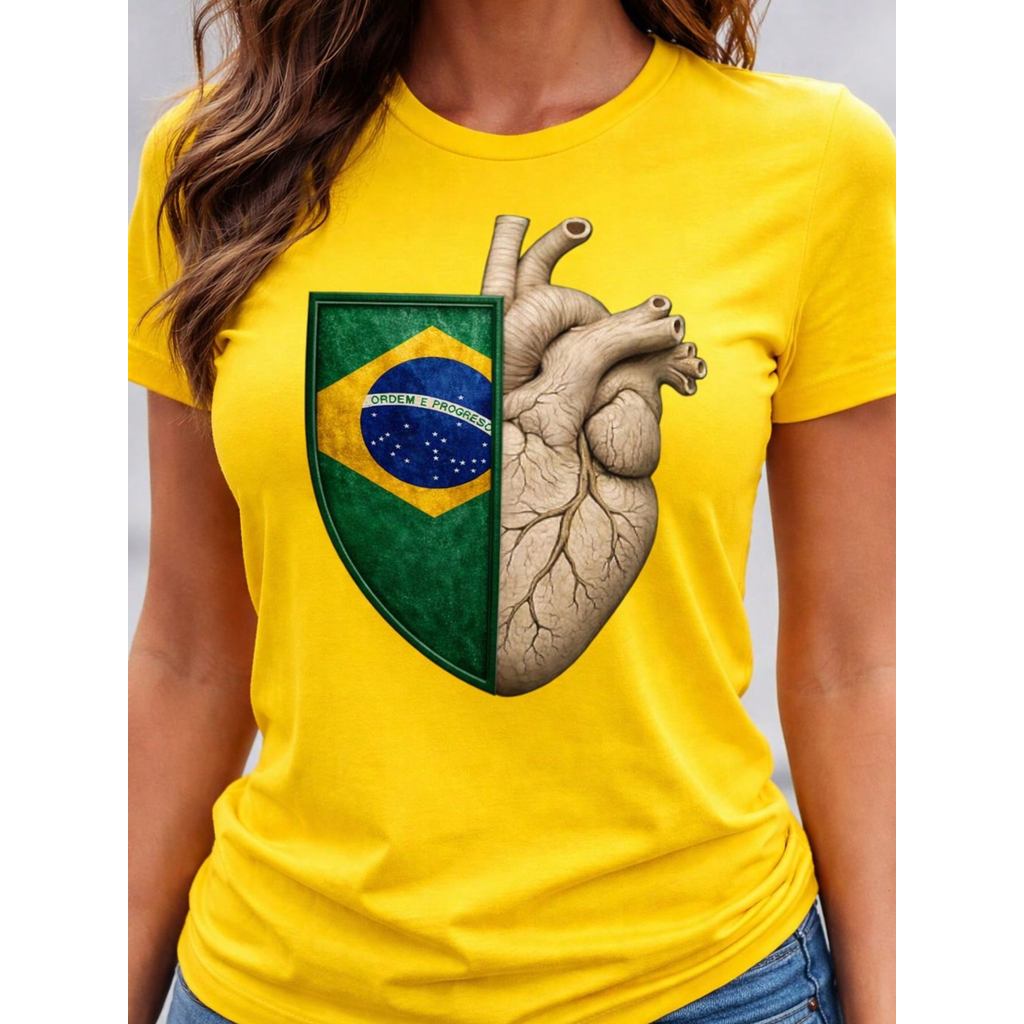 Camiseta Blusa Feminina  Plus 100% Algodão Premium Brasil Coração Time Copa T-shirt