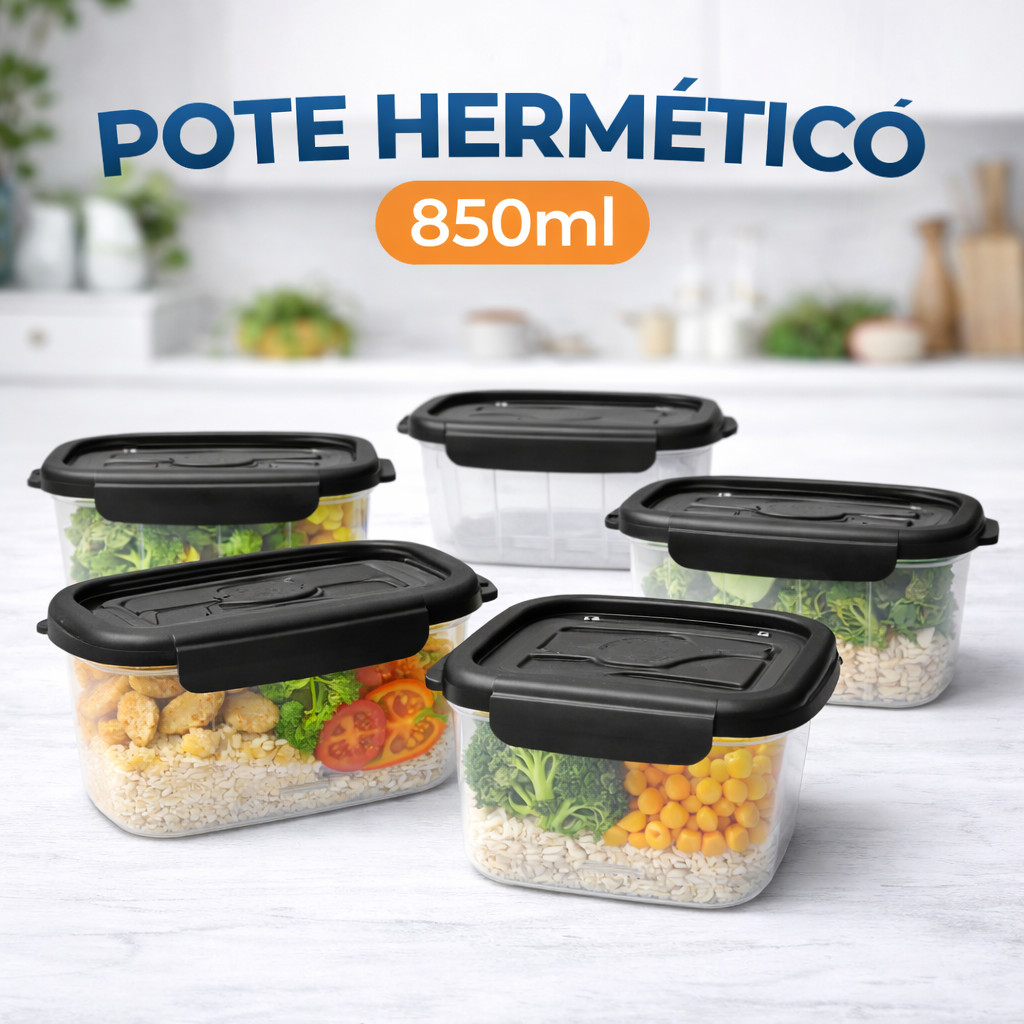 Kit 10 ou 5 Marmita Potes 850ml Travas Laterais Reutilizável - Livre de BPA Alimentos Organiza