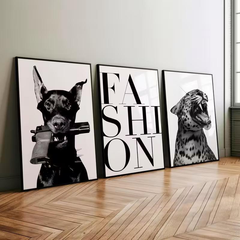 Quadro Decorativo Trio Fashion Doberman e Leopardo P&B