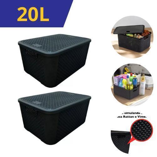 Kit 2 Caixas Organizadoras Rattan 20 litros Preta com Tampa Multiuso Brinquedos Roupas