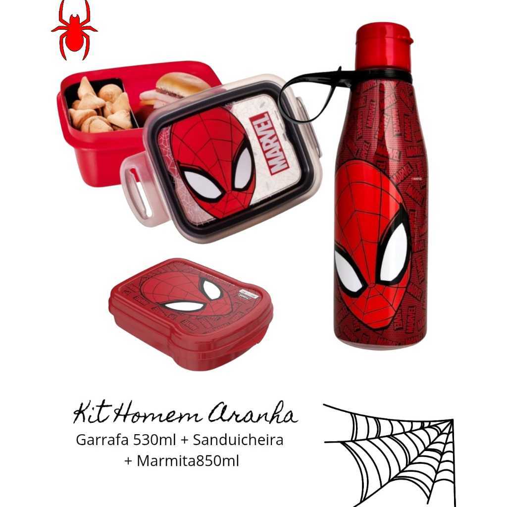 Kit 3pcs Lancheira Homem Aranha Garrafa  Marmita com trava  Sanduicheira  Plasutil Escolar Lancheira