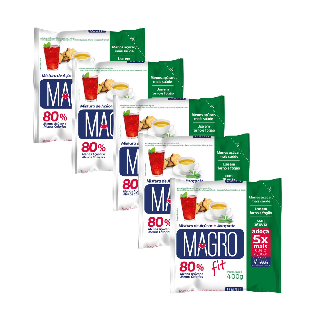 Kit com 5 Açúcar Light Magro Fit com Stevia 400g- Lowçúcar