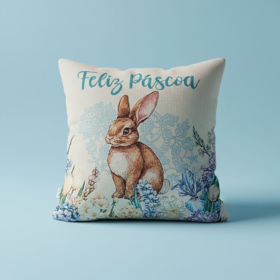 Capa para Almofada Páscoa - Coelho Bordado "Feliz Páscoa" - Azul - 43x43cm  - 1 unidade - Rizzo em Oferta na Shopee