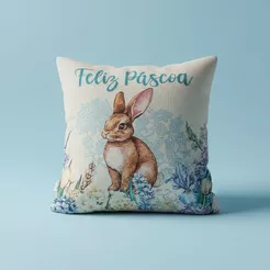 Capa para Almofada Páscoa - Coelho Bordado "Feliz Páscoa" - Azul - 43x43cm - 1 unidade - Rizzo