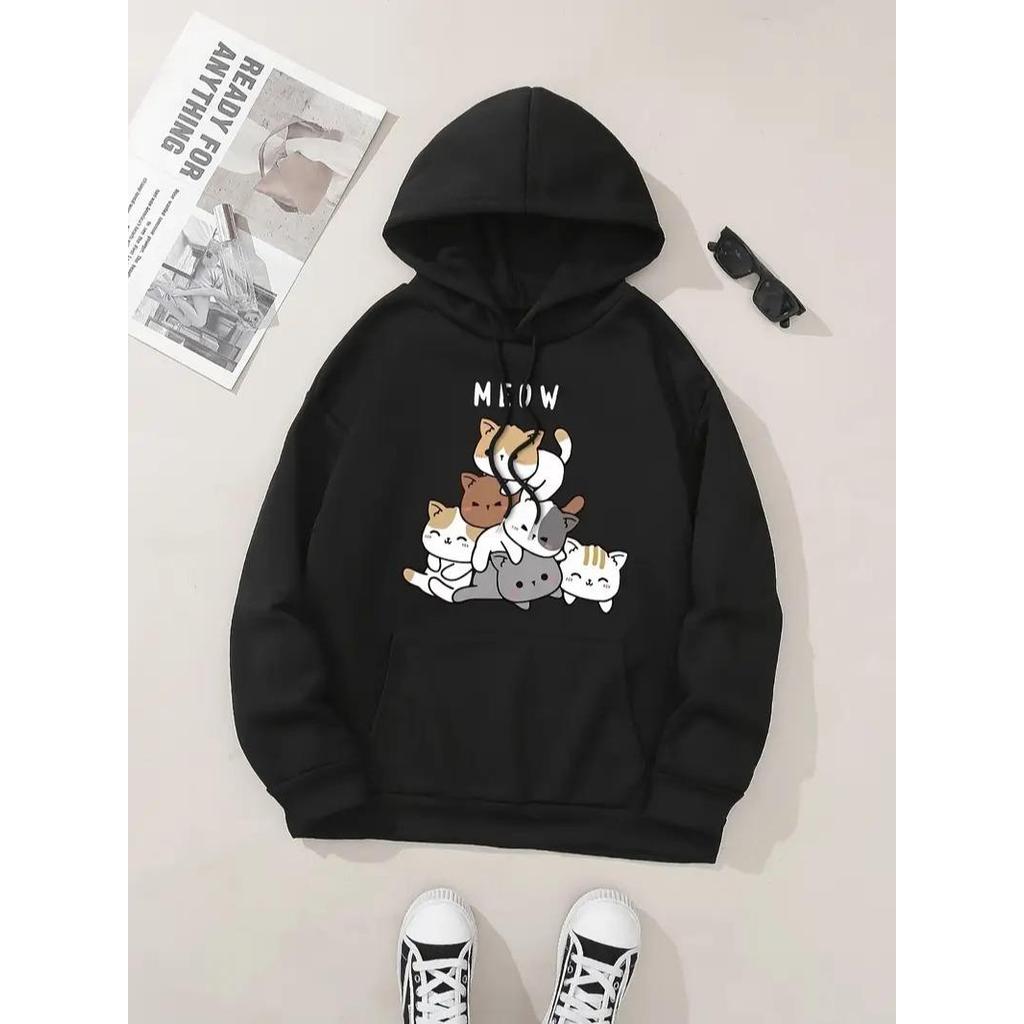 Blusa Casaco Moletom Frio Canguru Bolso Capuz Streetwear Casual feminino Unissex Estampa Meow Varios Gato Meigo Felino