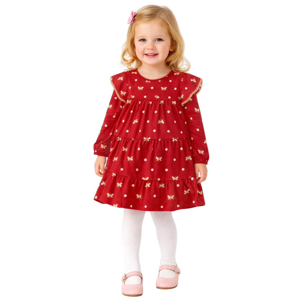 Vestido Infantil Menina Vermelho Estampado em Cotton Confortável e Sofisticado Milon 2001466