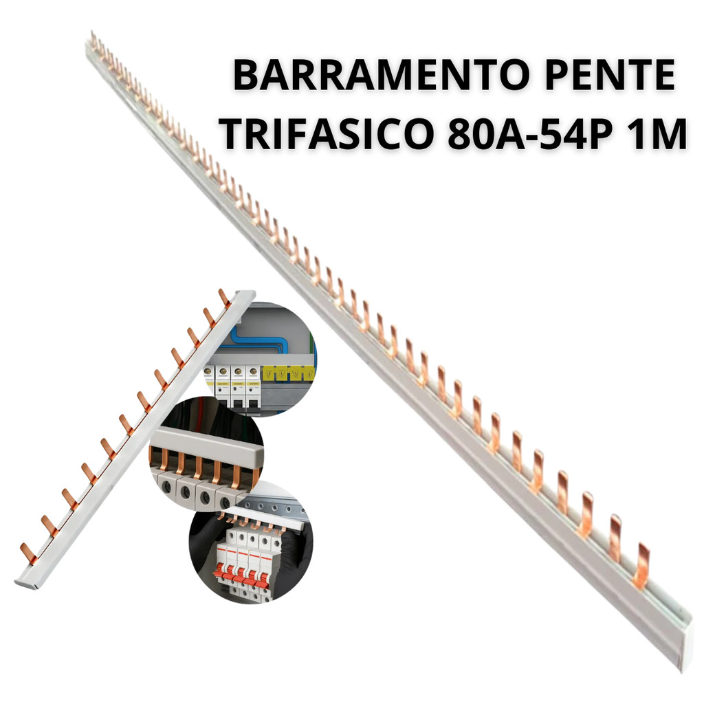 Barramento TAF Trifásico 80A 54P 1M Pente Elétrico para Disjuntores DIN Quadro Elétrico 80 Amperes