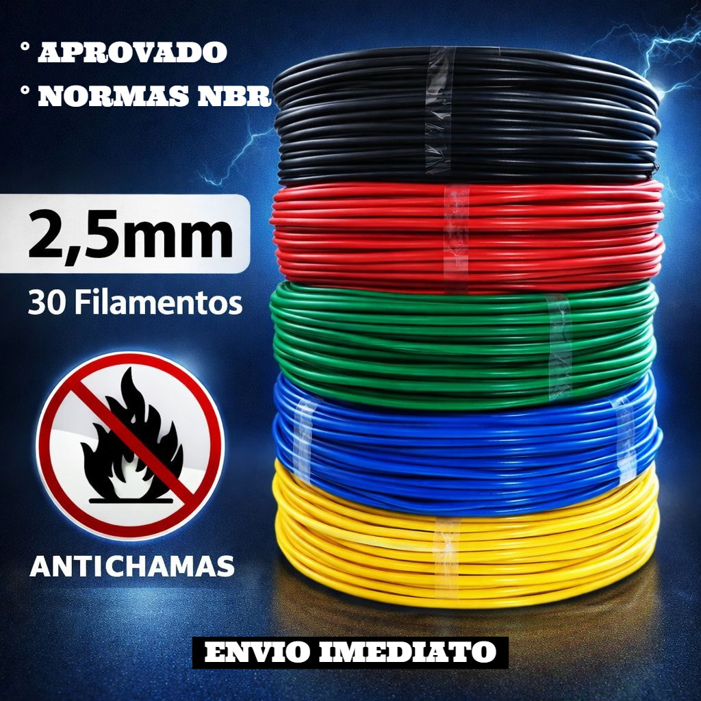 Fio Elétrico Flexível 1 x 2,5mm - 25 e 10 Metros Antichamas para Eletricista - ENVIO IMEDIATO