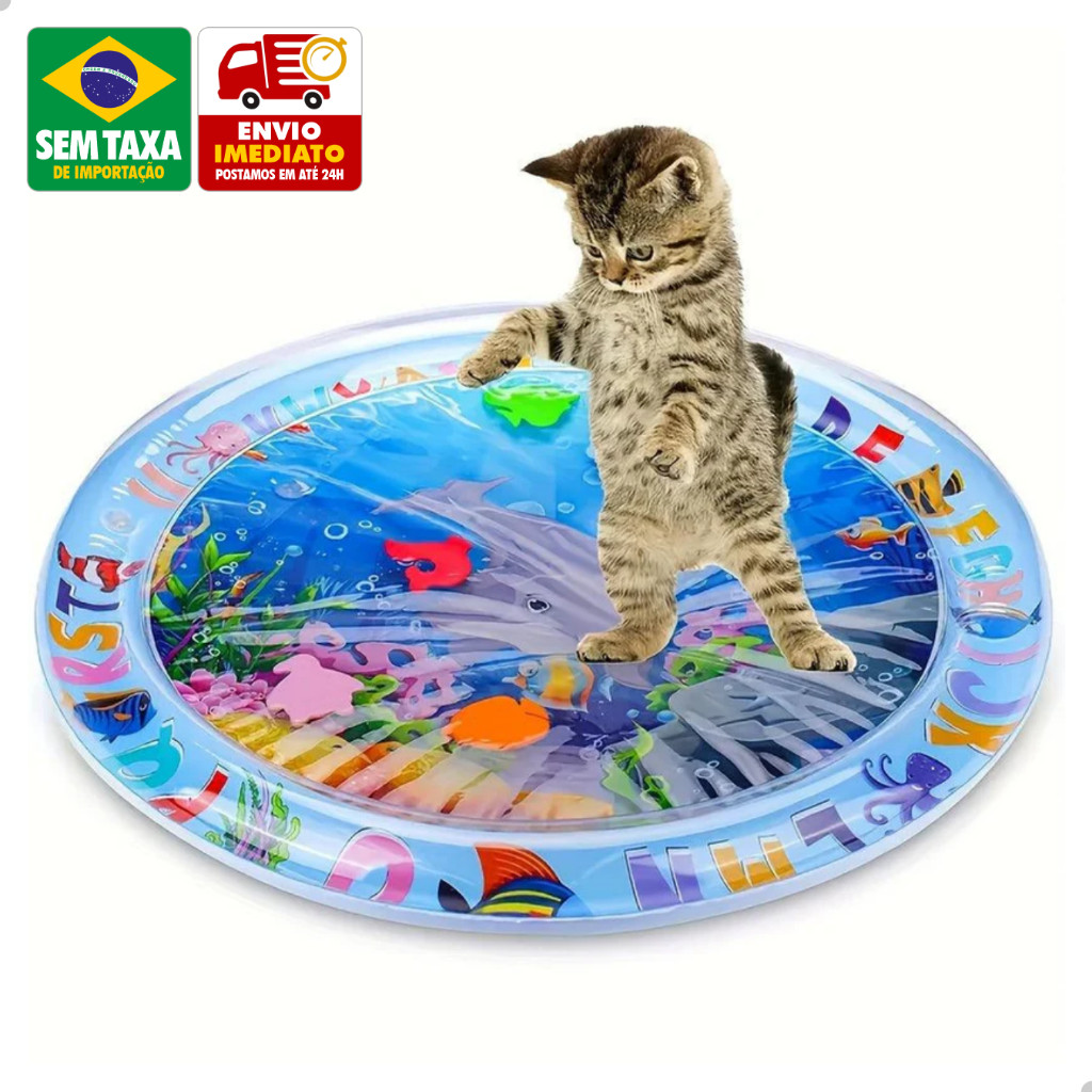 Tapete de Água Infantil PVC 63cm Fundo do Mar Bordas Infláveis Bebê Cachorro Gato Pet