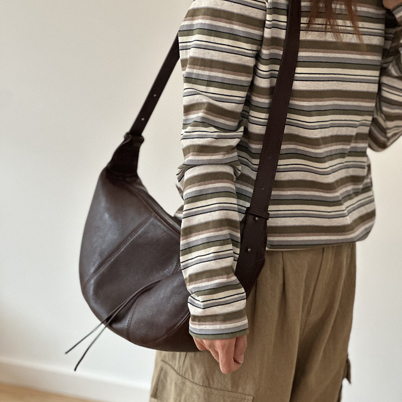 Bolsa Feminina de Couro Genuíno 2025, Bolsa Transversal de Couro de Primeira Camada, Bolsa Casual, Bolsa Meia-Lua, Bolsa