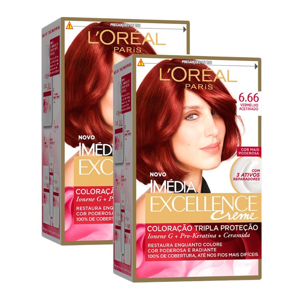 Kit 2 Tintura Creme Imédia Excellence L'oréal Vermelho Acetinado 6.66 Kit