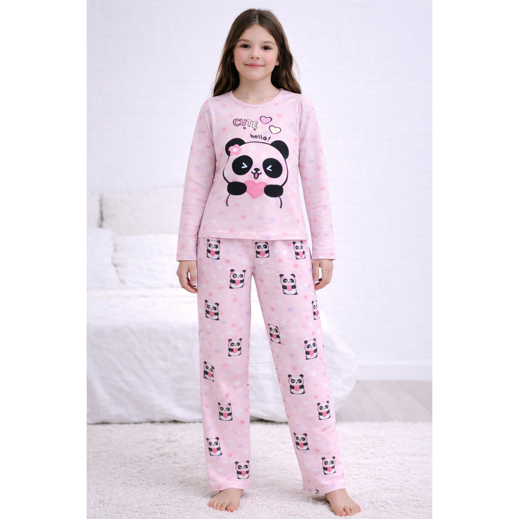 Pijama Infantil Menina Manga Longa 1 a 14 Anos  Conjunto Inverno Panda rosa