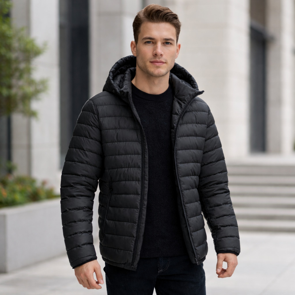 Jaqueta Puffer Masculina Impermeavel Jaqueta Peluciada com Capuz e Zíper