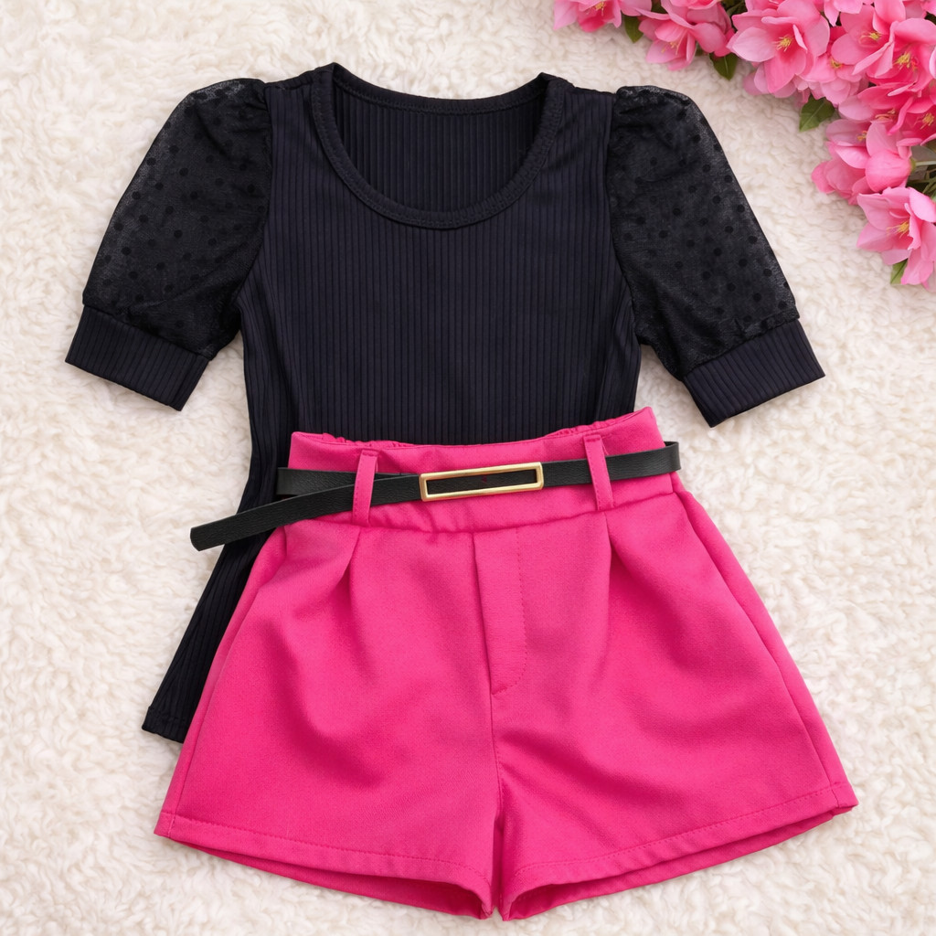 kit 3 peças Conjunto menina blusa +short e cinto moda primavera verão