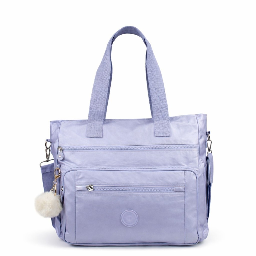 Bolsa Feminina Nylon Metalizada Grande Impermeável Tote Bolsa Ombro Transversal Multi Bolsos Zíper Trabalho